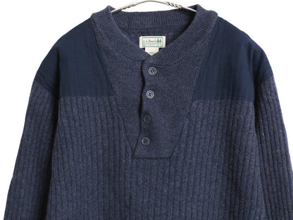 00s エルエルビーン コマンド ニット セーター メンズ XL / リブ編み メリノ ラム ウール ヘンリーネック エルボーパッチ 大きいサイズ 紺