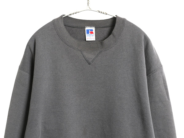 90s USA製 ラッセル 無地 スウェット メンズ レディース L 古着 オールド トレーナー 前V 裏起毛 ワンポイント ブランク シンプル グレー
