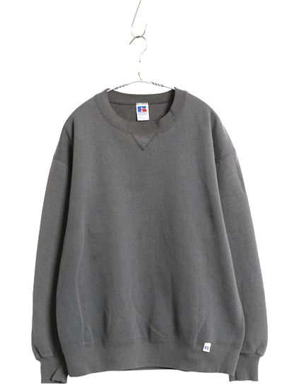 90s USA製 ラッセル 無地 スウェット メンズ レディース L 古着 オールド トレーナー 前V 裏起毛 ワンポイント ブランク シンプル グレー