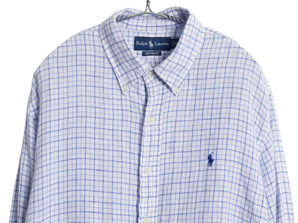 00s ラルフローレン チェック 長袖 ボタンダウン シャツ メンズ XL オールド ポロ 100% リネン 高級 長袖シャツ ワンポイント 大きいサイズ