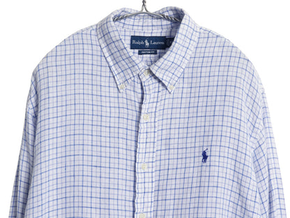 00s ラルフローレン チェック 長袖 ボタンダウン シャツ メンズ XL オールド ポロ 100% リネン 高級 長袖シャツ ワンポイント 大きいサイズ