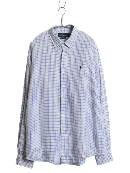 00s ラルフローレン チェック 長袖 ボタンダウン シャツ メンズ XL オールド ポロ 100% リネン 高級 長袖シャツ ワンポイント 大きいサイズ