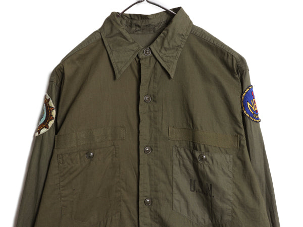 デッドストック 40s ★ 米軍実物 USN ネイビー N-3 ユーティリティ シャツ メンズ M ヴィンテージ コットン ポプリン ステンシル マチ付き