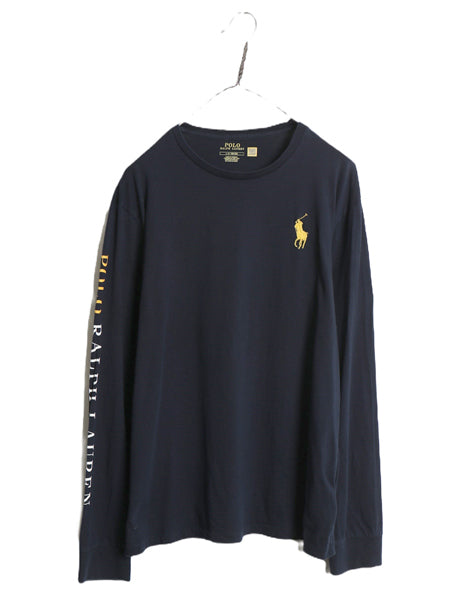 ミドルポニー ポロ ラルフローレン 長袖 Tシャツ メンズ L ロンT ロングスリーブ 袖プリント ワンポイント カットソー シングルステッチ 紺
