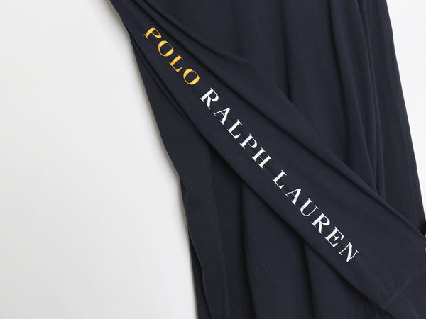 ミドルポニー ポロ ラルフローレン 長袖 Tシャツ メンズ L ロンT ロングスリーブ 袖プリント ワンポイント カットソー シングルステッチ 紺
