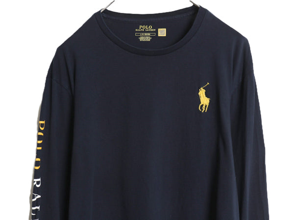 ミドルポニー ポロ ラルフローレン 長袖 Tシャツ メンズ L ロンT ロングスリーブ 袖プリント ワンポイント カットソー シングルステッチ 紺