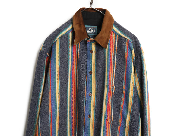 90s USA製 ウールリッチ ストライプ 長袖 シャツ メンズ L オールド ウール ヘビーウェイト フランネル ネイティブ マルチカラー ゆったり