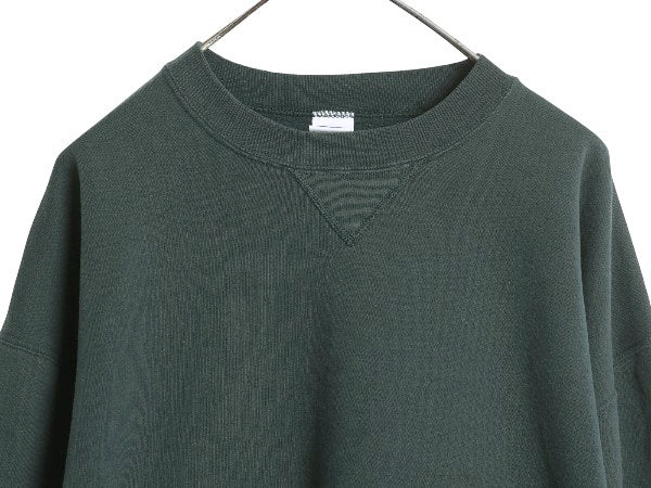 90s USA製 ラッセル 無地 スウェット メンズ レディース XL オールド トレーナー 前V 裏起毛 大きいサイズ ワンポイント ブランク グリーン