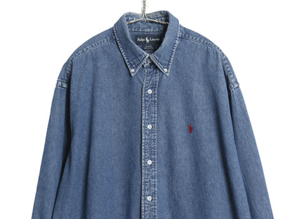 00s ラルフローレン ボタンダウン 長袖 デニム シャツ メンズ XL / 古着 オールド ポロ 長袖シャツ ワンポイント 大きいサイズ カジュアル