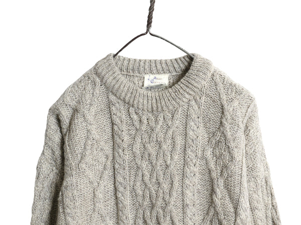 アイルランド製 フィッシャーマン ウール ニット セーター メンズ レディース M 古着 アラン ケーブル ローゲージ 長袖ニット クルーネック