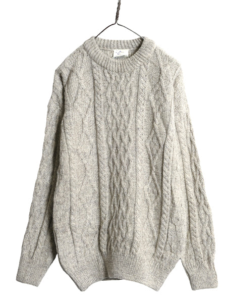 アイルランド製 フィッシャーマン ウール ニット セーター メンズ レディース M 古着 アラン ケーブル ローゲージ 長袖ニット クルーネック