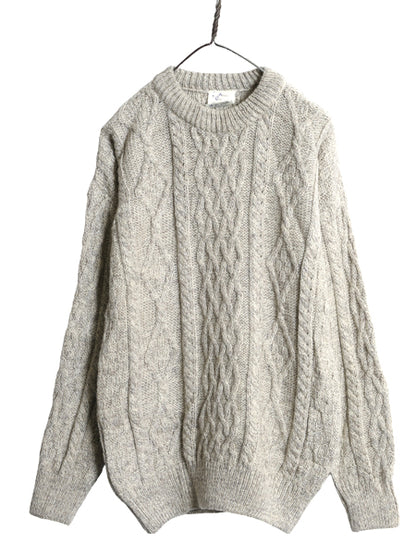 アイルランド製 フィッシャーマン ウール ニット セーター メンズ レディース M 古着 アラン ケーブル ローゲージ 長袖ニット クルーネック