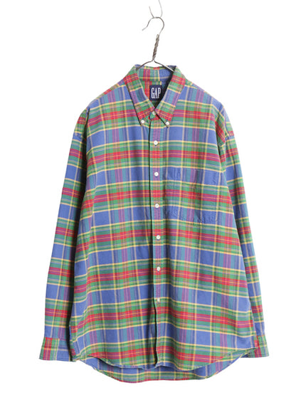 90s オールド ギャップ チェック 長袖 ボタンダウン シャツ メンズ XL / 紺タグ オックスフォード コットン ポケット付き BD 大きいサイズ