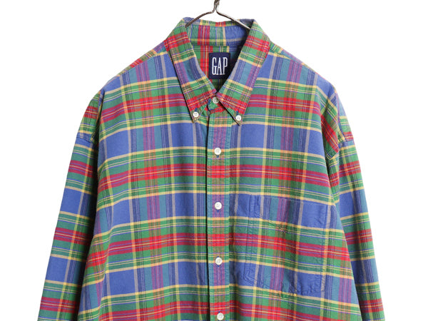 90s オールド ギャップ チェック 長袖 ボタンダウン シャツ メンズ XL / 紺タグ オックスフォード コットン ポケット付き BD 大きいサイズ