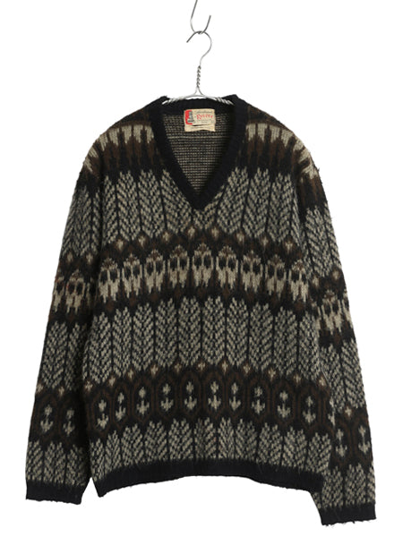 60s 70s ★ REVERE 総柄 アクリル ニット セーター メンズ M 古着 ヴィンテージ Vネック プルオーバー 毛足 グランジ 重ね着 マルチカラー