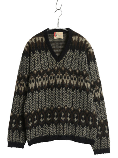 60s 70s ★ REVERE 総柄 アクリル ニット セーター メンズ M 古着 ヴィンテージ Vネック プルオーバー 毛足 グランジ 重ね着 マルチカラー