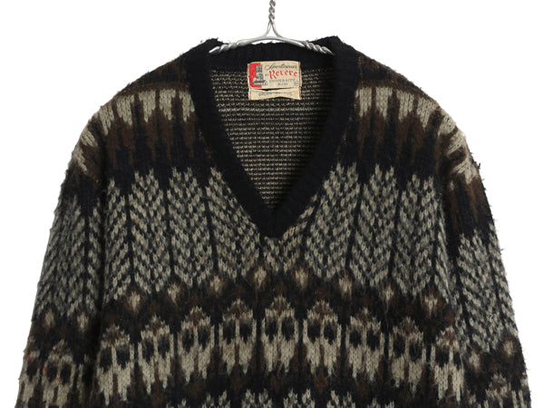 60s 70s ★ REVERE 総柄 アクリル ニット セーター メンズ M 古着 ヴィンテージ Vネック プルオーバー 毛足 グランジ 重ね着 マルチカラー