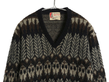 60s 70s ★ REVERE 総柄 アクリル ニット セーター メンズ M 古着 ヴィンテージ Vネック プルオーバー 毛足 グランジ 重ね着 マルチカラー