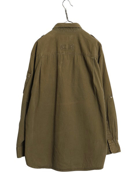 00s オービス 長袖 サファリ シャツ メンズ L / 古着 オールド アウトドア ワーク 長袖シャツ コットン ハンティング シンプル 無地 カーキ