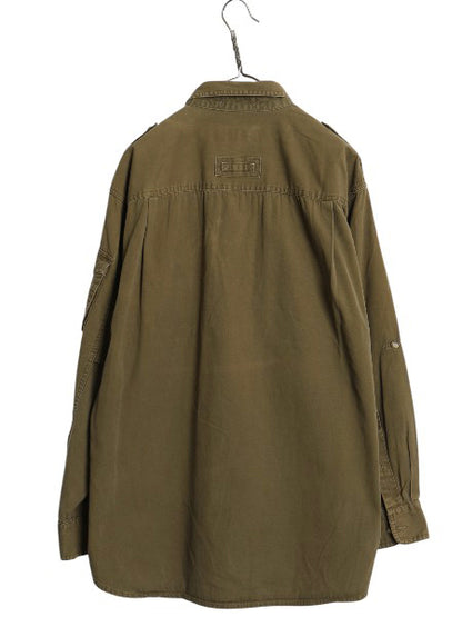 00s オービス 長袖 サファリ シャツ メンズ L / 古着 オールド アウトドア ワーク 長袖シャツ コットン ハンティング シンプル 無地 カーキ