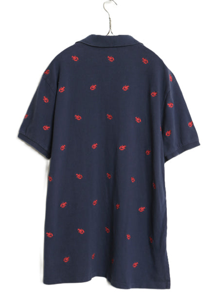 00s ポロ ラルフローレン 鹿の子 半袖 ポロシャツ メンズ XL オールド 半袖シャツ カットソー ロブスター モノグラム 総柄 大きいサイズ 紺