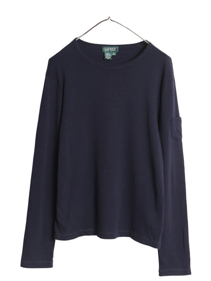 90s ローレン ラルフローレン 長袖 Tシャツ レディース XL オールド コットン ストレッチ リブ編み カットソー トップス 大きいサイズ 濃紺