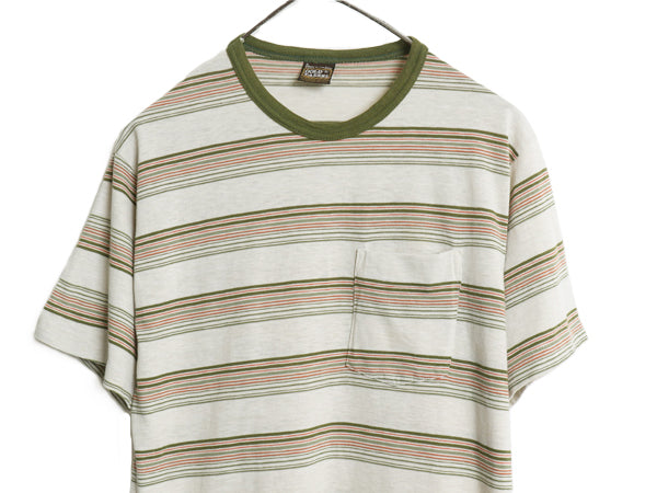 70s 80s USA製 フルーツオブザルーム ボーダー ポケット付き 半袖 Tシャツ メンズ XL 小さめ M 程 ヴィンテージ シングルステッチ リンガー