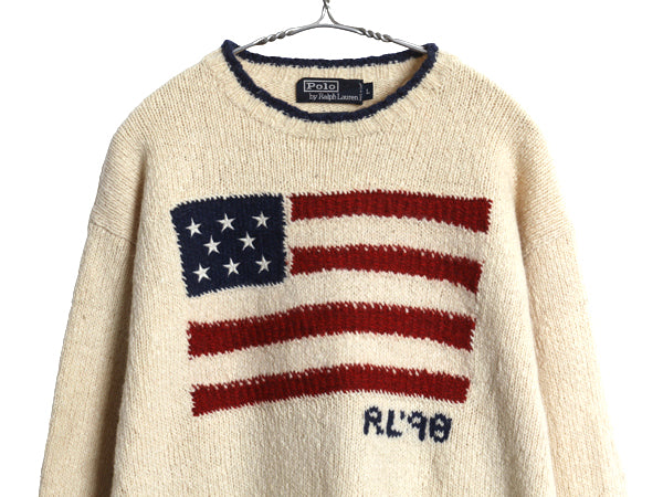 手編み 90s ★ ポロ ラルフローレン 星条旗 ハンドニット セーター メンズ L / 当時物 RL98 オールド ラム ウール ハンドスパン ナチュラル