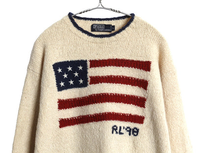 手編み 90s ★ ポロ ラルフローレン 星条旗 ハンドニット セーター メンズ L / 当時物 RL98 オールド ラム ウール ハンドスパン ナチュラル