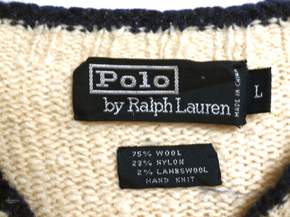 手編み 90s ★ ポロ ラルフローレン 星条旗 ハンドニット セーター メンズ L / 当時物 RL98 オールド ラム ウール ハンドスパン ナチュラル
