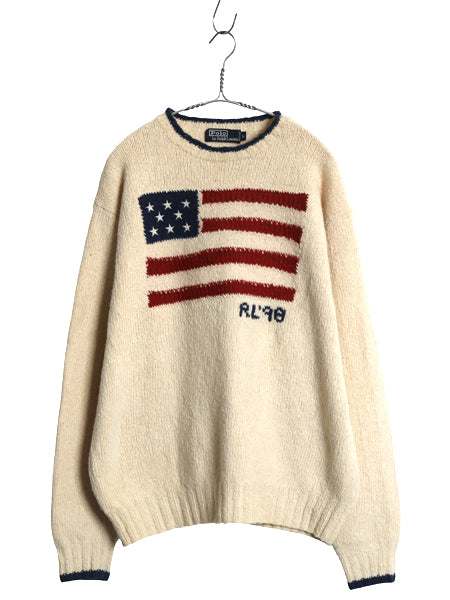 手編み 90s ★ ポロ ラルフローレン 星条旗 ハンドニット セーター メンズ L / 当時物 RL98 オールド ラム ウール ハンドスパン ナチュラル