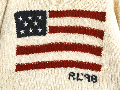手編み 90s ★ ポロ ラルフローレン 星条旗 ハンドニット セーター メンズ L / 当時物 RL98 オールド ラム ウール ハンドスパン ナチュラル