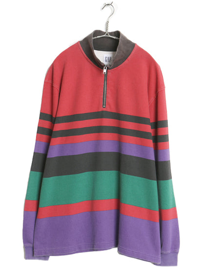 ギャップ ハーフジップ 鹿の子 トップス メンズ M ボーダー ロンT 長袖 Tシャツ カットソー ヘビーウェイト ハイネック ボックス ゆったり