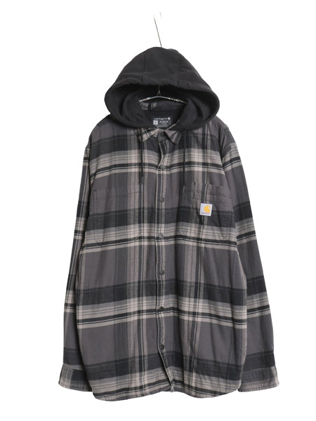 US企画 カーハート フード付き チェック フランネル シャツ ジャケット メンズ L 古着 105938 フリース ライナー付き ネルシャツ パーカー