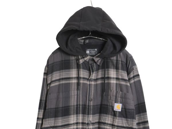 US企画 カーハート フード付き チェック フランネル シャツ ジャケット メンズ L 古着 105938 フリース ライナー付き ネルシャツ パーカー