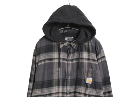 US企画 カーハート フード付き チェック フランネル シャツ ジャケット メンズ L 古着 105938 フリース ライナー付き ネルシャツ パーカー