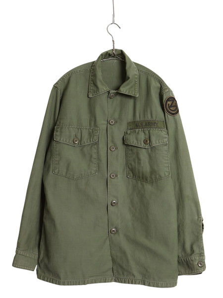 60s 米軍実物 US ARMY コットン サテン ユーティリティ シャツ M 程/ 古着 ヴィンテージ OG107 シャツ袖 2nd ミリタリー 軍物 ワッペン付き