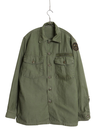 60s 米軍実物 US ARMY コットン サテン ユーティリティ シャツ M 程/ 古着 ヴィンテージ OG107 シャツ袖 2nd ミリタリー 軍物 ワッペン付き