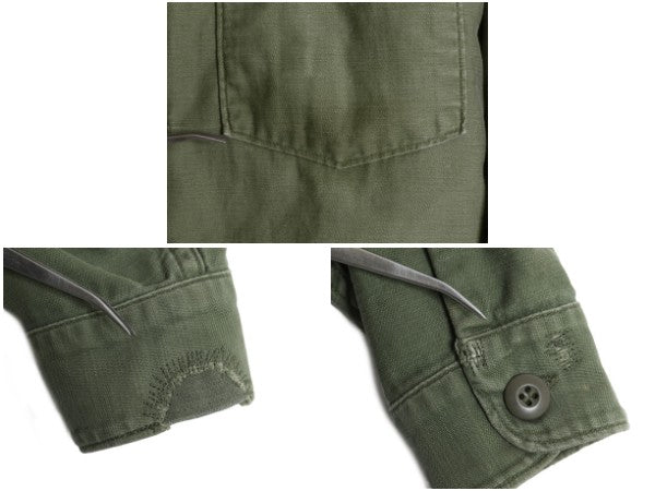 60s 米軍実物 US ARMY コットン サテン ユーティリティ シャツ M 程/ 古着 ヴィンテージ OG107 シャツ袖 2nd ミリタリー 軍物 ワッペン付き