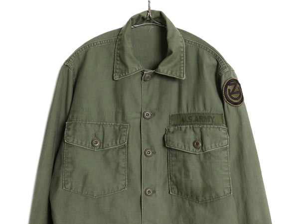 60s 米軍実物 US ARMY コットン サテン ユーティリティ シャツ M 程/ 古着 ヴィンテージ OG107 シャツ袖 2nd ミリタリー 軍物 ワッペン付き