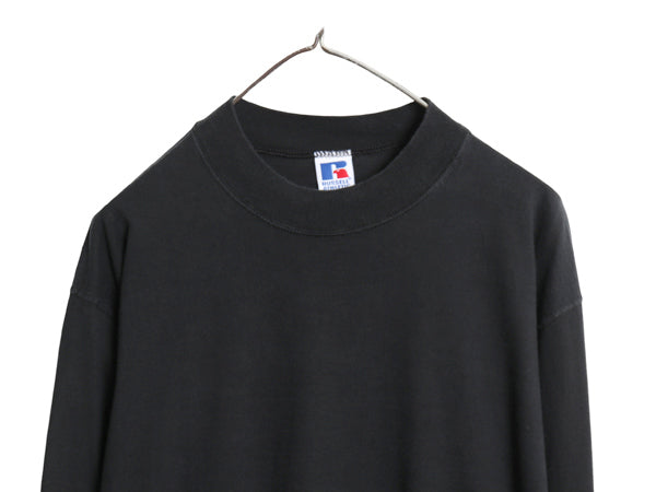 90s USA製 ラッセル モックネック 長袖 Tシャツ メンズ XL / オールド ロンT  無地 ヘビーウェイト コットン カットソー 大きいサイズ 黒