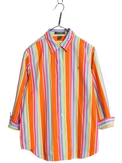 90s ローレン ラルフローレン ストライプ 七分袖 シャツ レディース L / オールド ポロ コットン ブラウス ワンポイント ロゴ マルチカラー