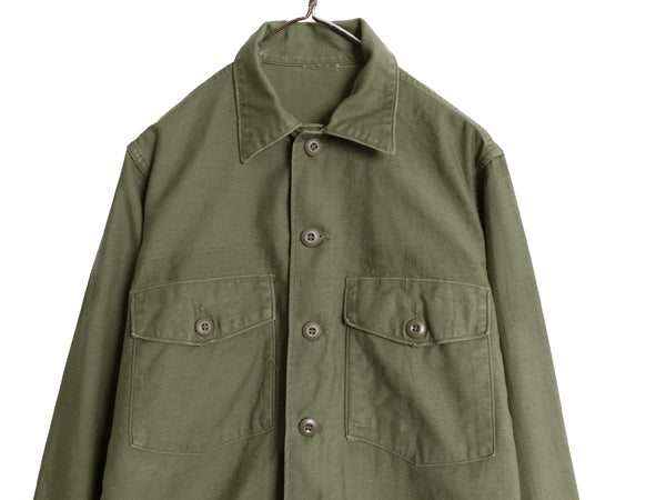 60s 米軍実物 US ARMY コットン サテン ユーティリティ シャツ メンズ M 程/ ヴィンテージ OG107 シャツ袖 2nd ミリタリー 軍物 オリーブ