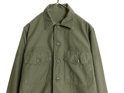 60s 米軍実物 US ARMY コットン サテン ユーティリティ シャツ メンズ M 程/ ヴィンテージ OG107 シャツ袖 2nd ミリタリー 軍物 オリーブ