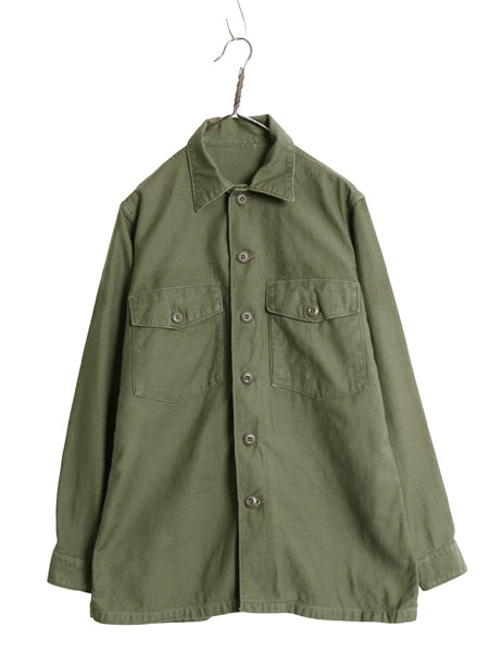 60s 米軍実物 US ARMY コットン サテン ユーティリティ シャツ メンズ M 程/ ヴィンテージ OG107 シャツ袖 2nd ミリタリー 軍物 オリーブ
