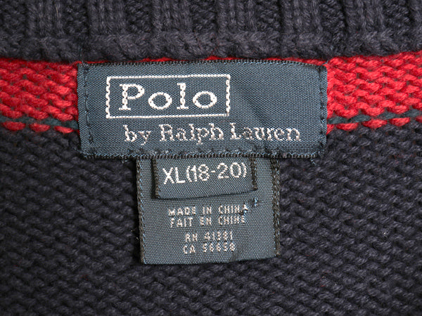 00s ポロ ラルフローレン ハーフジップ コットン ニット セーター キッズ XL メンズ XS 程 オールド ボーダー ワンポイント リブ編み 赤 紺