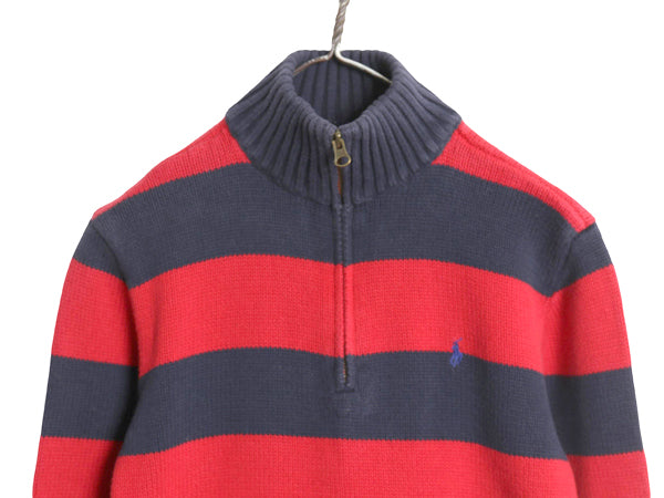 00s ポロ ラルフローレン ハーフジップ コットン ニット セーター キッズ XL メンズ XS 程 オールド ボーダー ワンポイント リブ編み 赤 紺