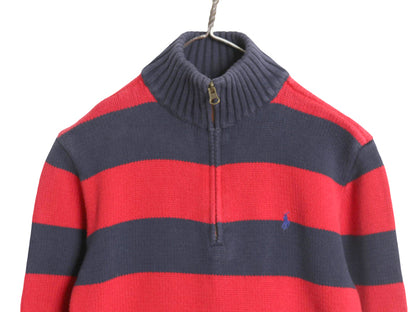 00s ポロ ラルフローレン ハーフジップ コットン ニット セーター キッズ XL メンズ XS 程 オールド ボーダー ワンポイント リブ編み 赤 紺
