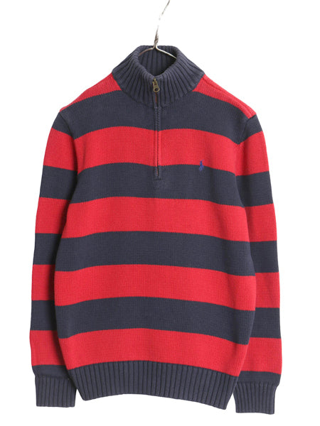 00s ポロ ラルフローレン ハーフジップ コットン ニット セーター キッズ XL メンズ XS 程 オールド ボーダー ワンポイント リブ編み 赤 紺