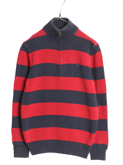 00s ポロ ラルフローレン ハーフジップ コットン ニット セーター キッズ XL メンズ XS 程 オールド ボーダー ワンポイント リブ編み 赤 紺